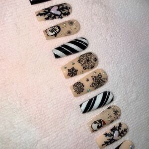 Festive Black and Cream Penguin Nail Art Set